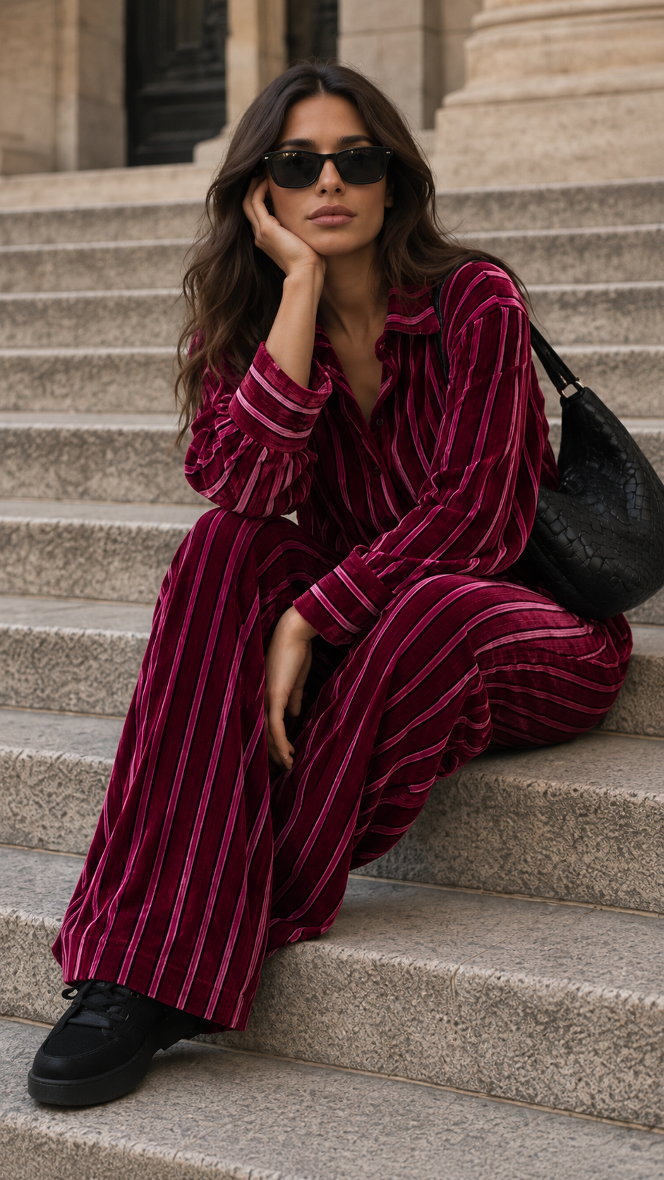 Velvet Stripe Pants — Magenta