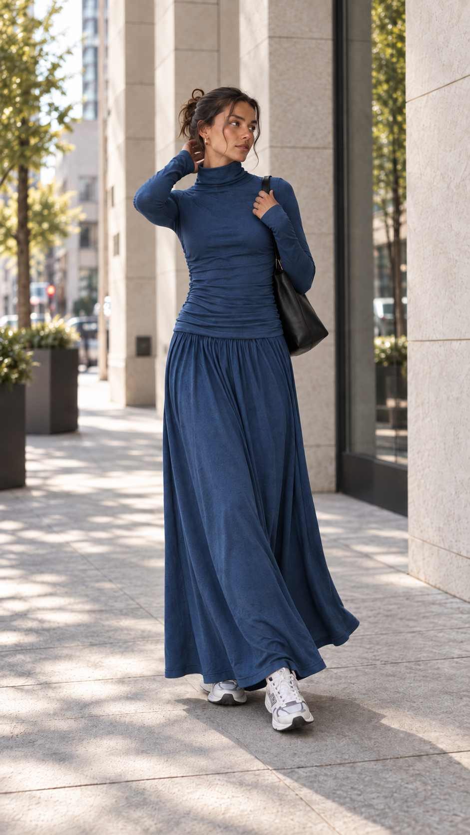 Ruched Turtleneck Long Sleeve Top — Navy