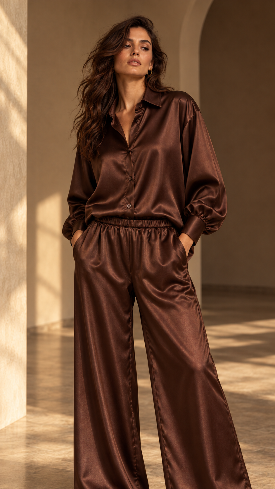 Satin Wide-Leg Pants — Chocolate