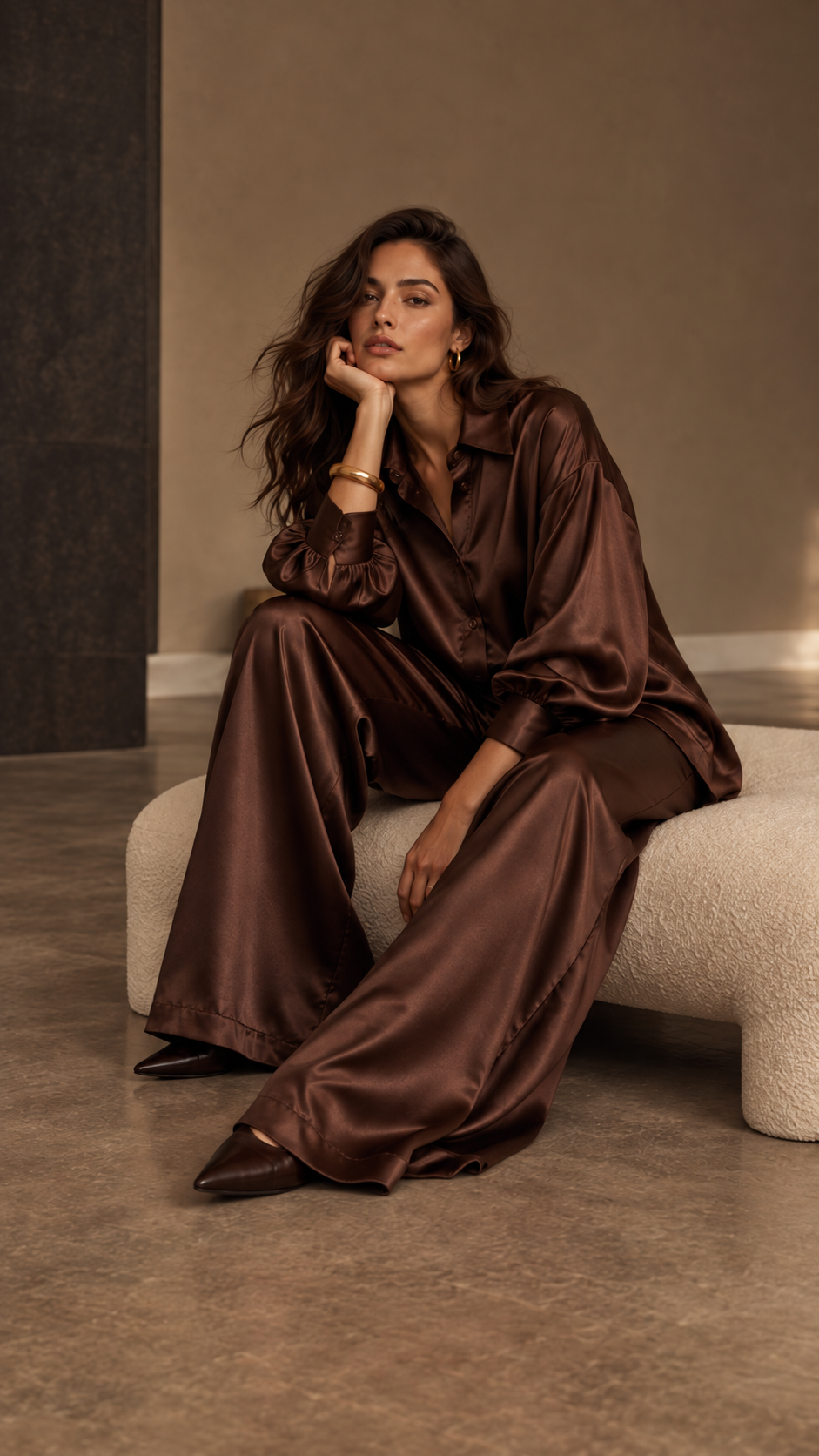 Satin Wide-Leg Pants — Chocolate