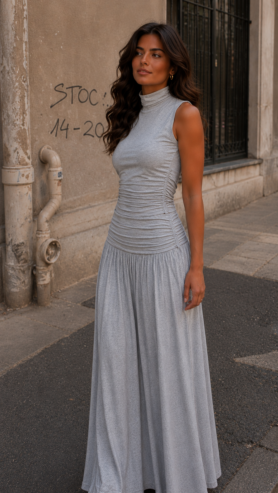 Ruched Waist Midi Skirt — Grey Melange