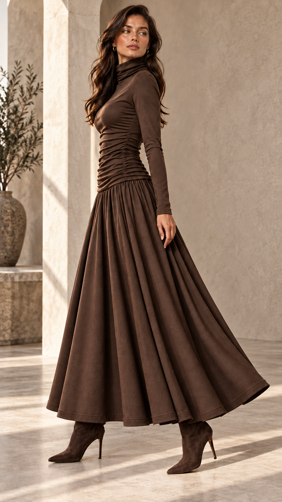 Ruched Turtleneck Long Sleeve Top — Brown