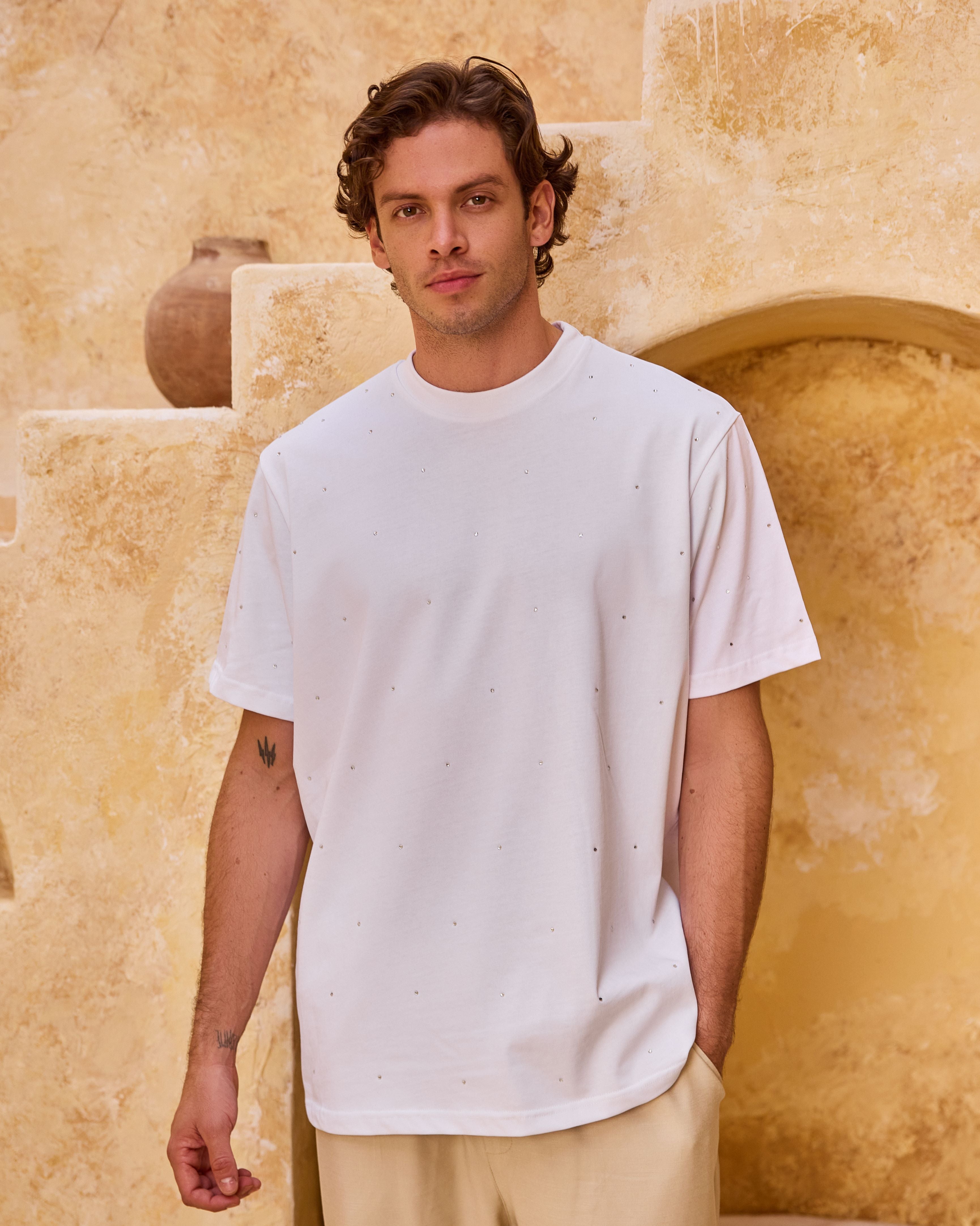 White oversize T-shirt with rhinestones