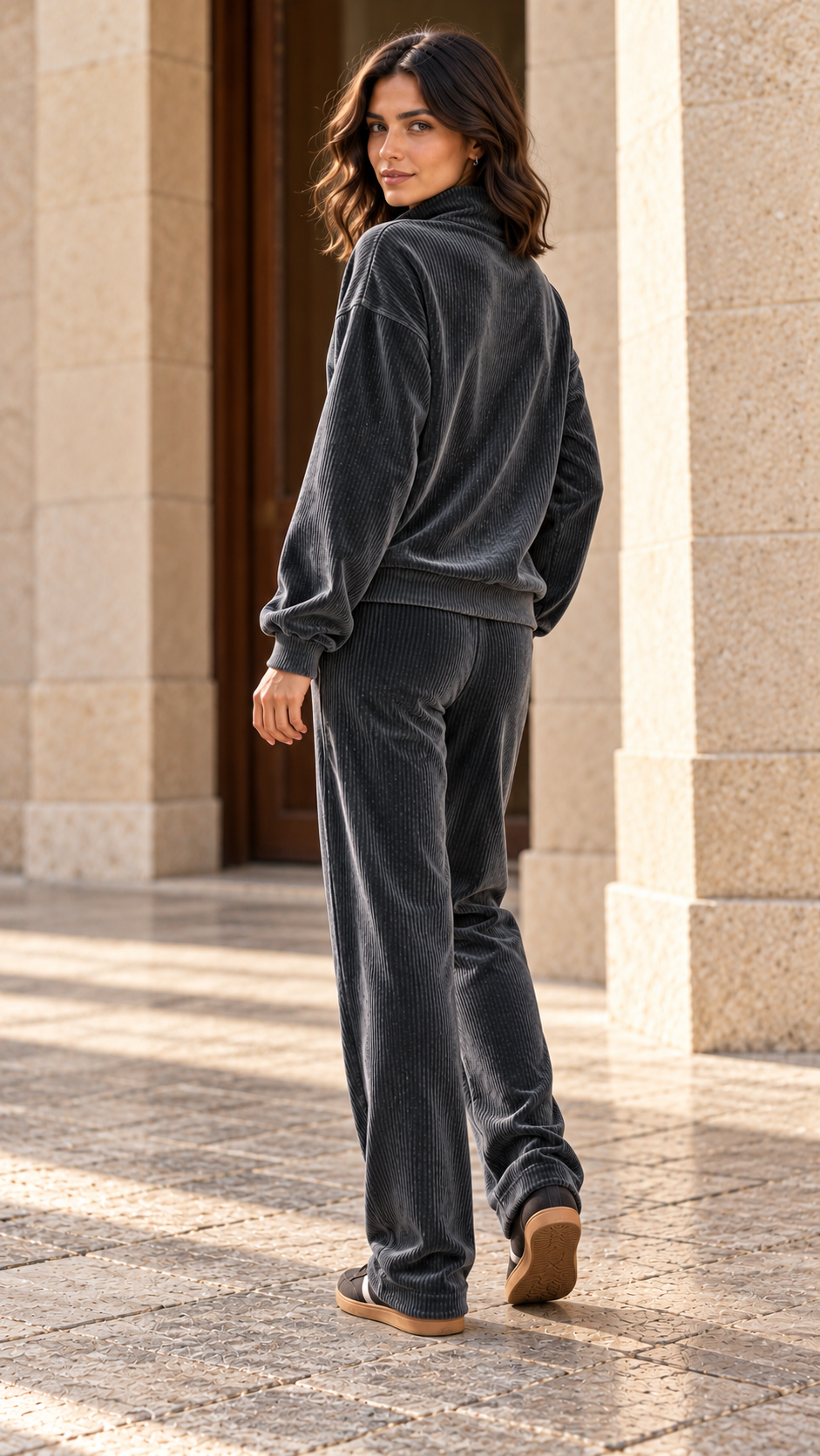 Velour Ribbed Half-Zip — Charcoal