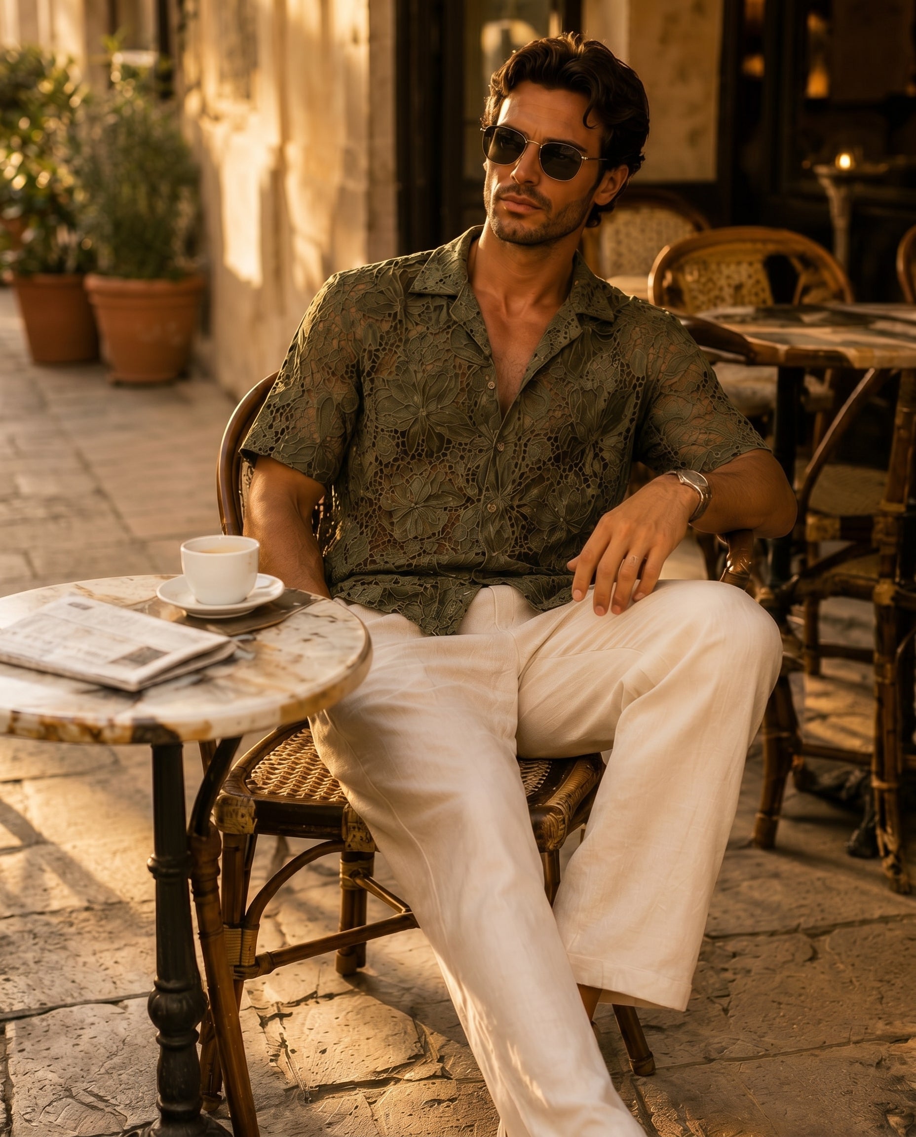 Floral Lace Camp Shirt — Army Green