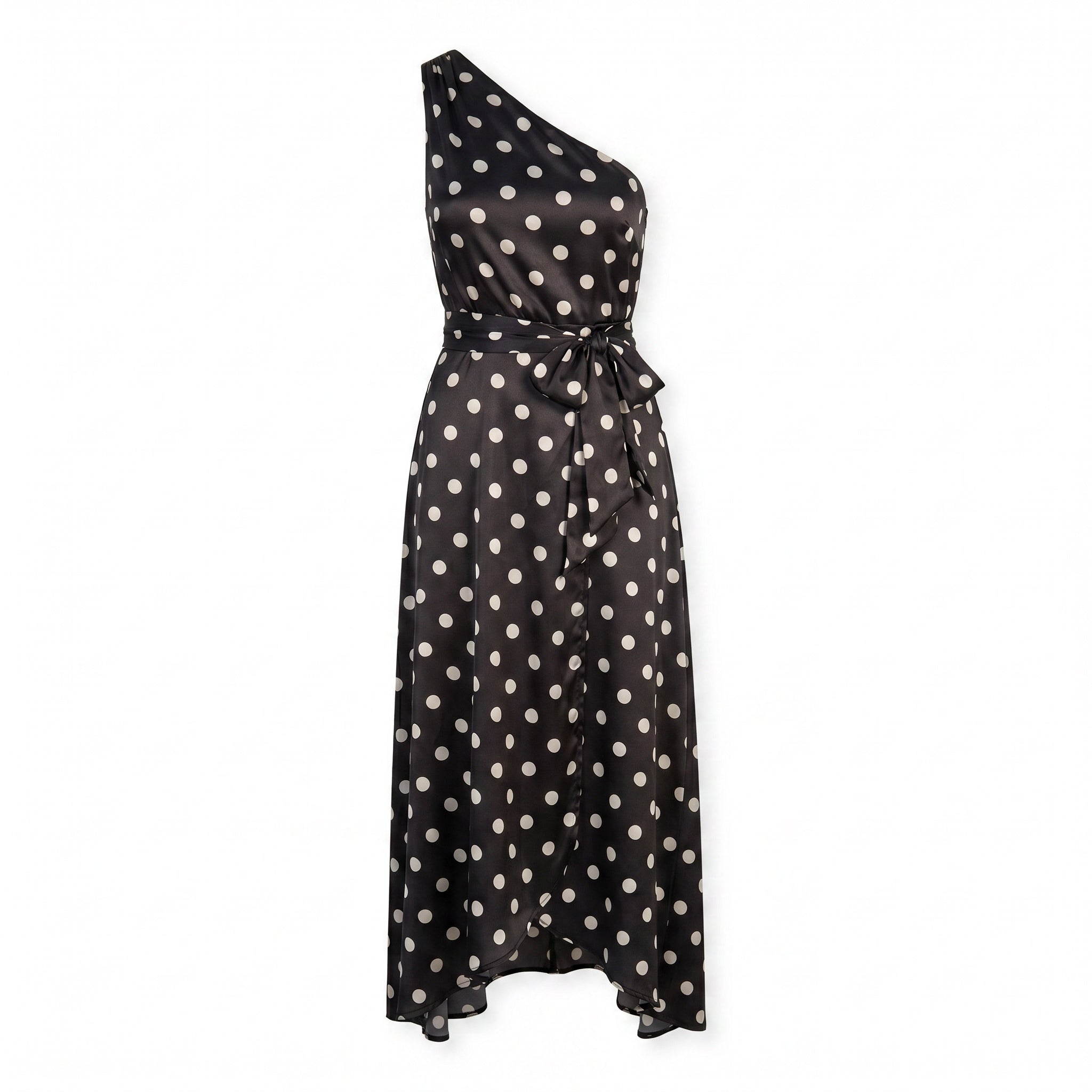 Black Satin Polka Dot One-Shoulder dress