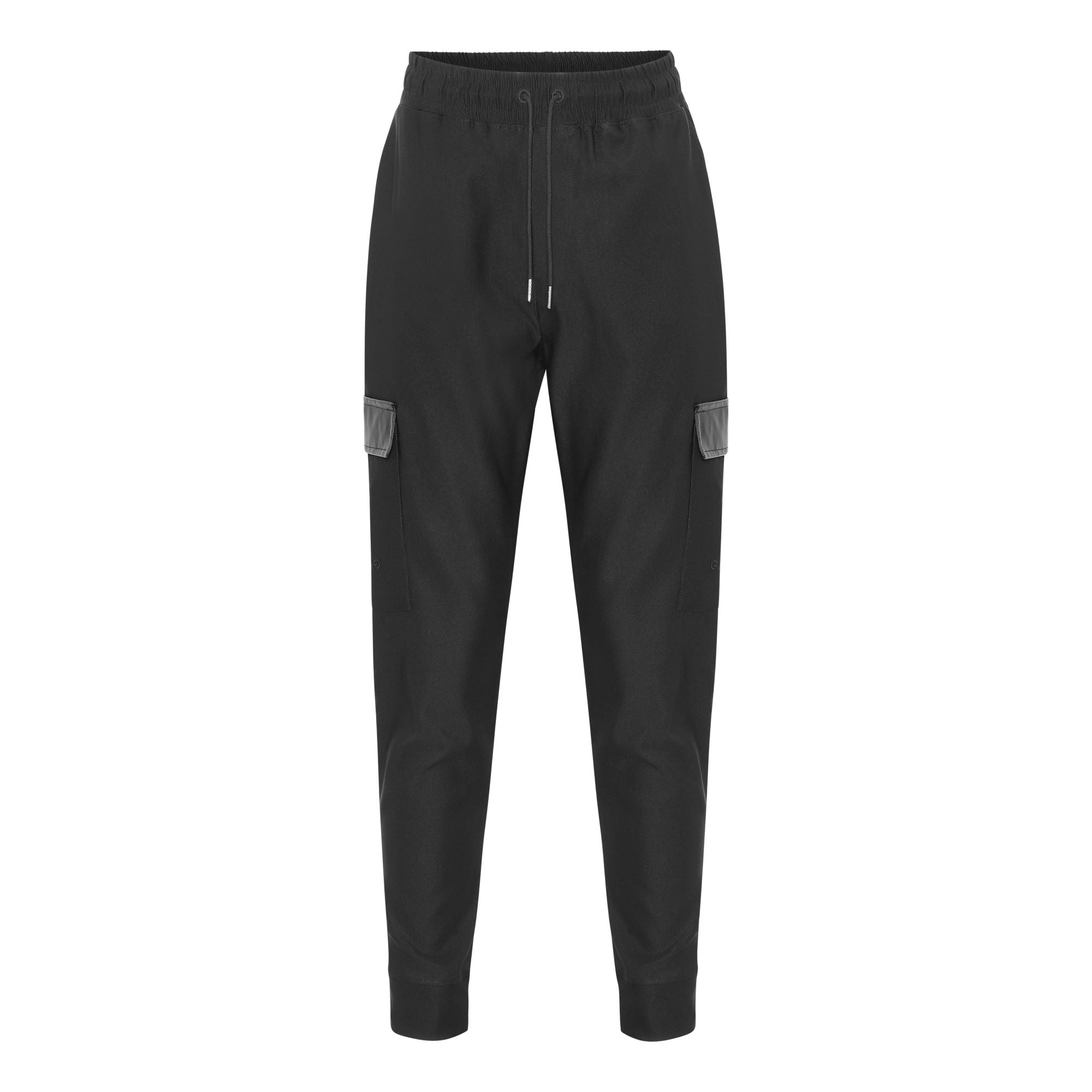 Black stretch cargo pants with vegan leather details